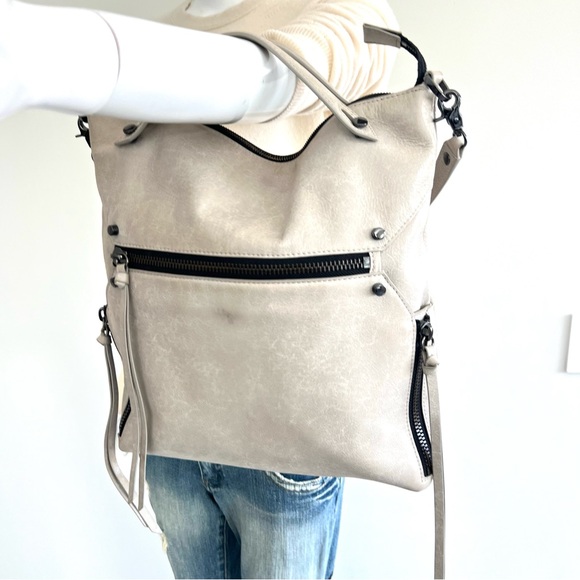 BOTKIER Logan Smooth Light Gray Leather Zip Detailed Hobo Shoulder Bag Tote - Picture 3 of 16